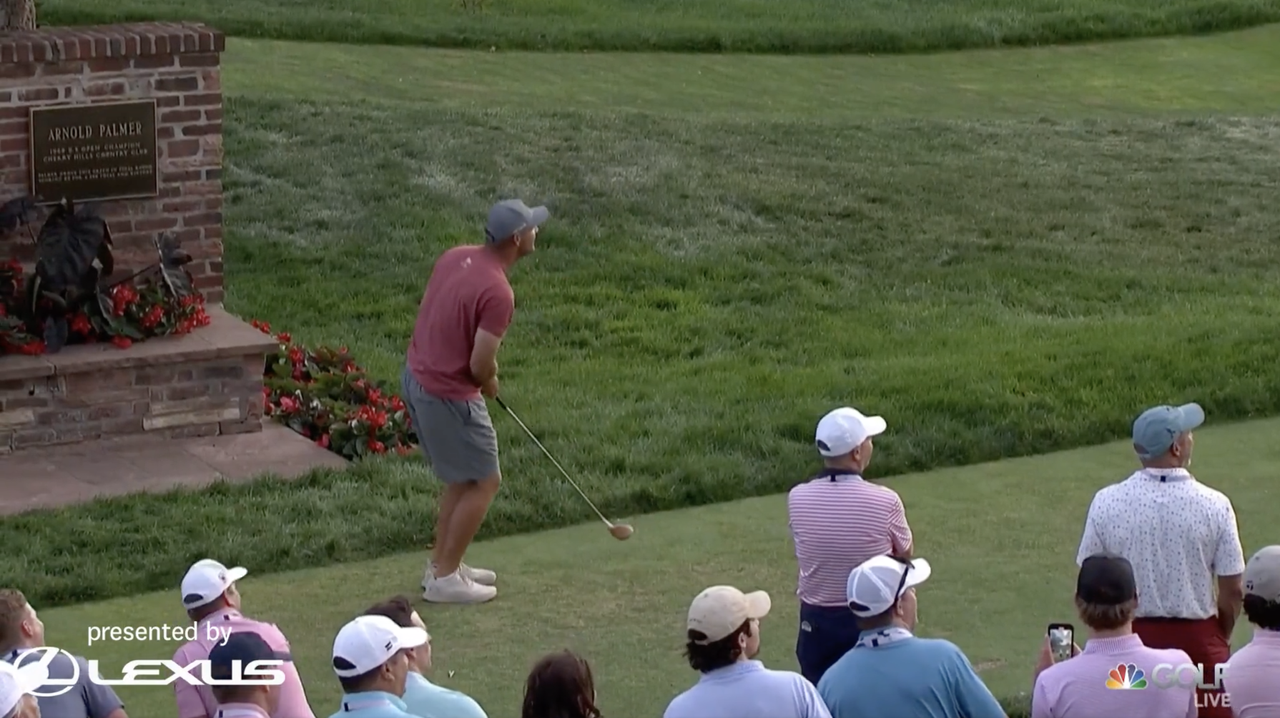 Bryson DeChambeau attempts to drive the first hole at Cherry Hill with a wooden driver