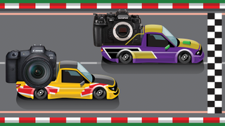 Illustration of a Canon EOS R5 and OM System OM-1 in a race