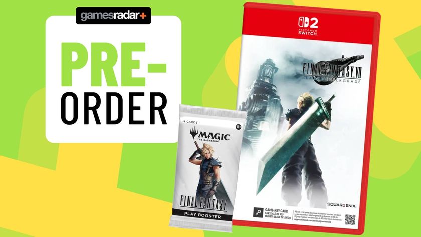 Image of Cloud on a white MTG Final Fantasy booster pack, and a copy of the red Switch 2 FF7 Remake Intergrade box sitting behind it. Both are on a light green GamesRadar+ background.