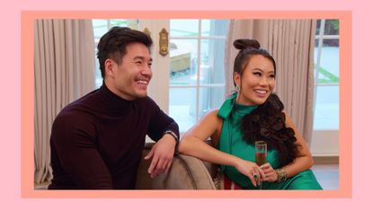 Kevin Kreider and Kelly Mi Li smile and laugh in the finale of Bling Empire season three/ on a pink and orange background