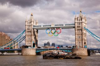 Tower Bridge, London, with the Olympic Rings showing ready for the forthcoming 2012 games.