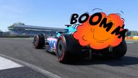 A racing car in F1 2022 game with a cartoon explosion overlayed on top