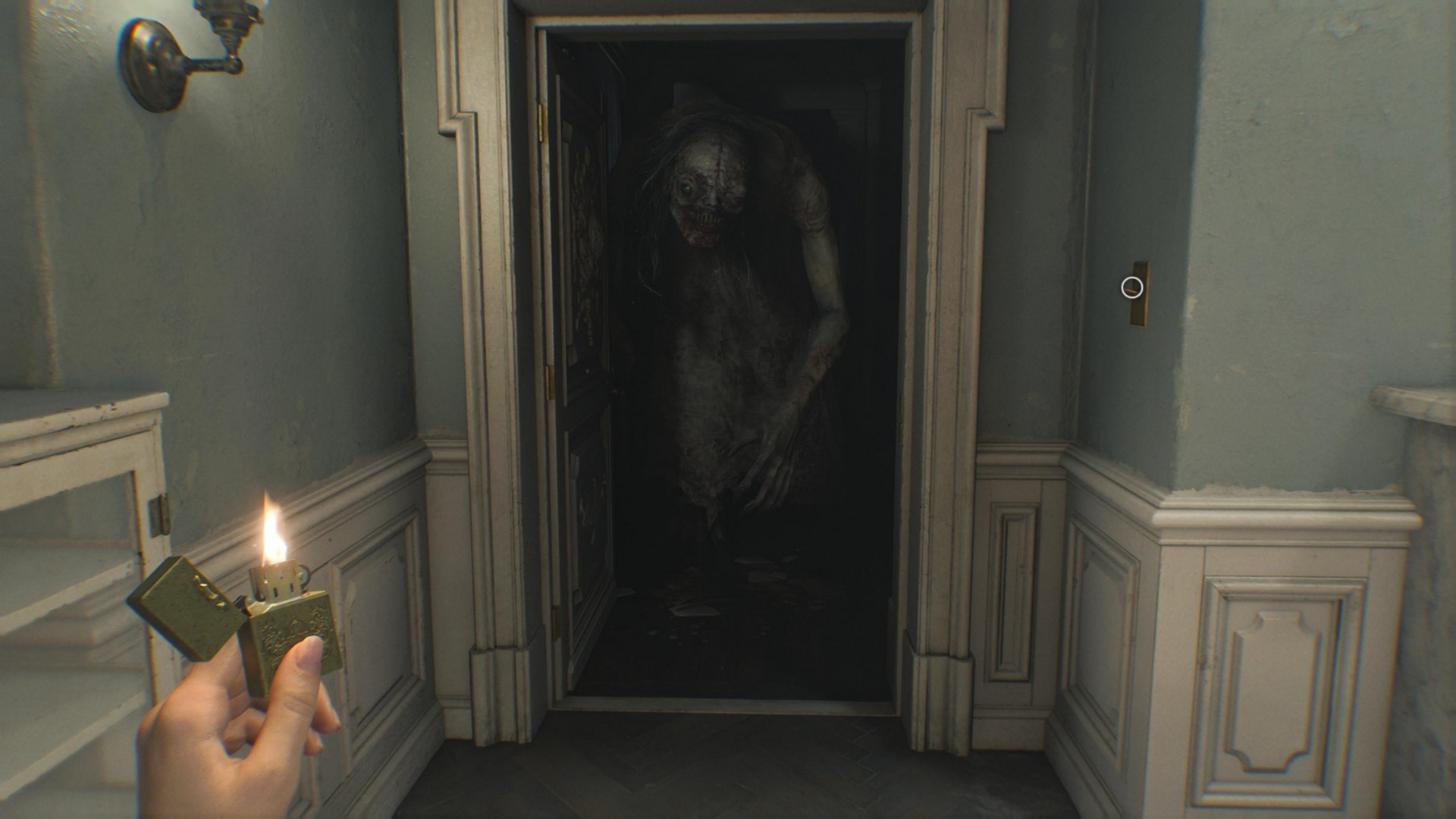The Girl approaches Grace in Resident Evil Requiem, who is hiding in a well-lit room