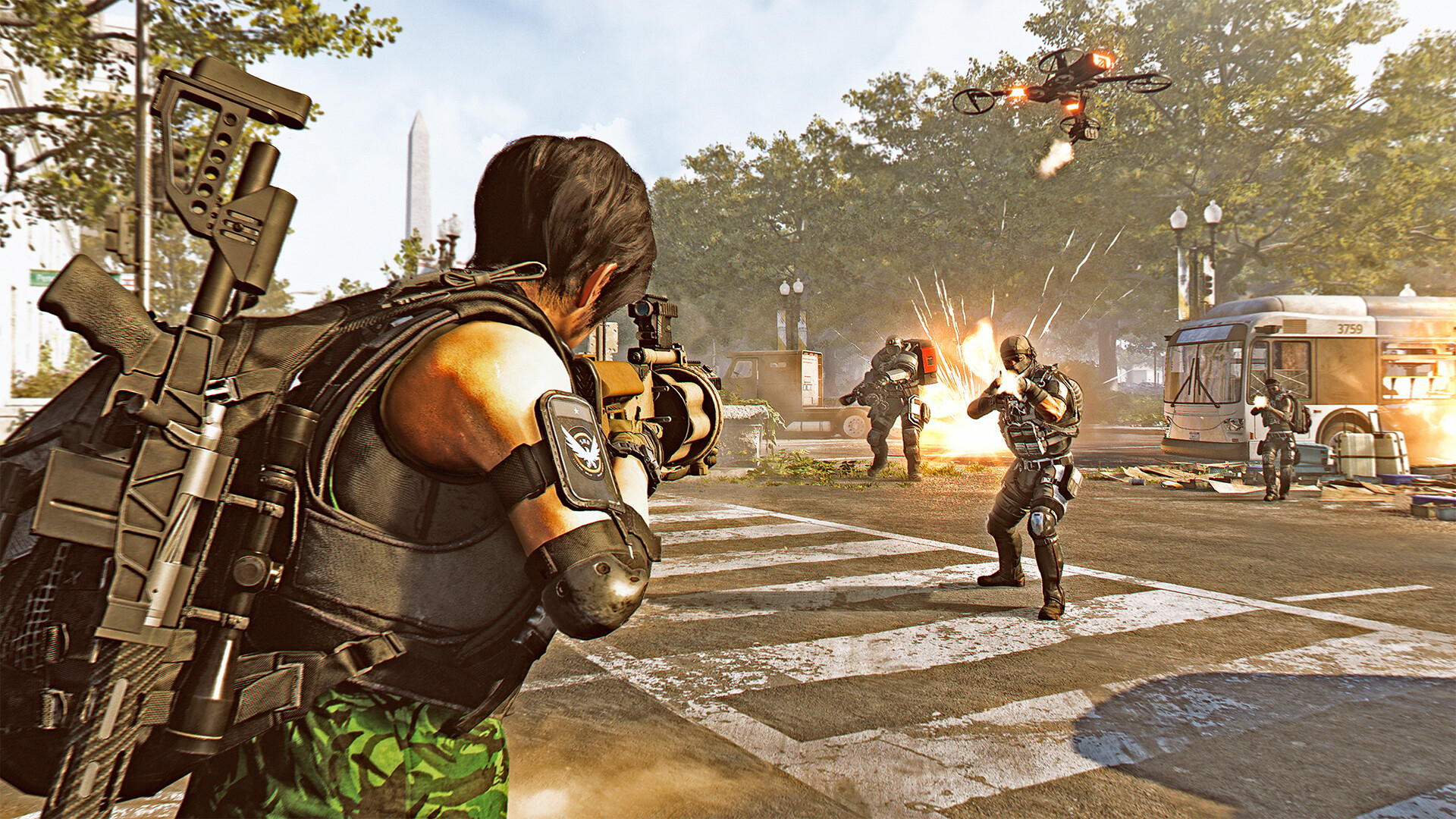 Promotional screenshot of a firefight in Tom Clancy's The Division 2