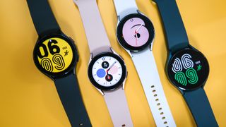 Various Samsung Galaxy Watch 4 models shown against yellow background