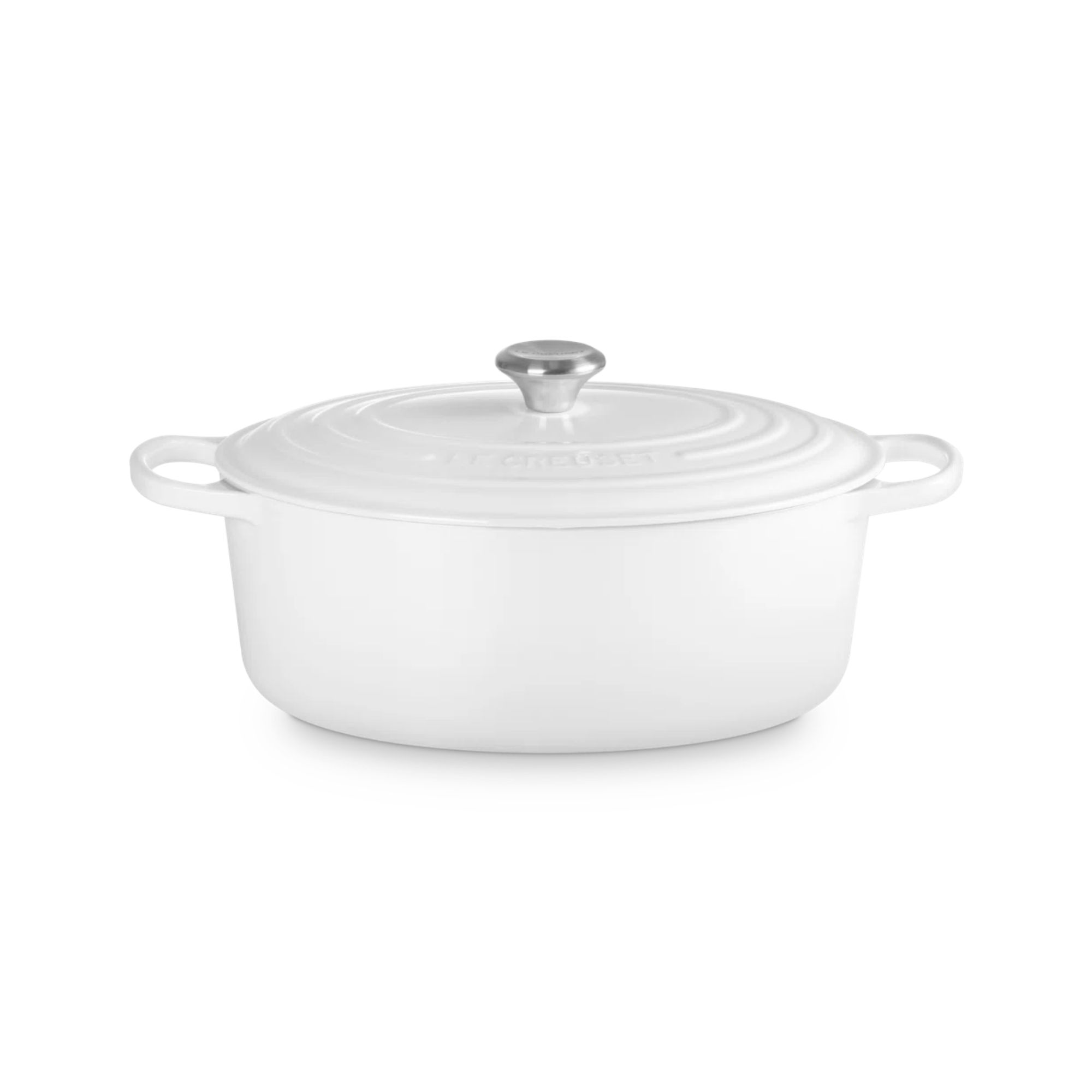 White oval-shaped Le Creuset Dutch oven