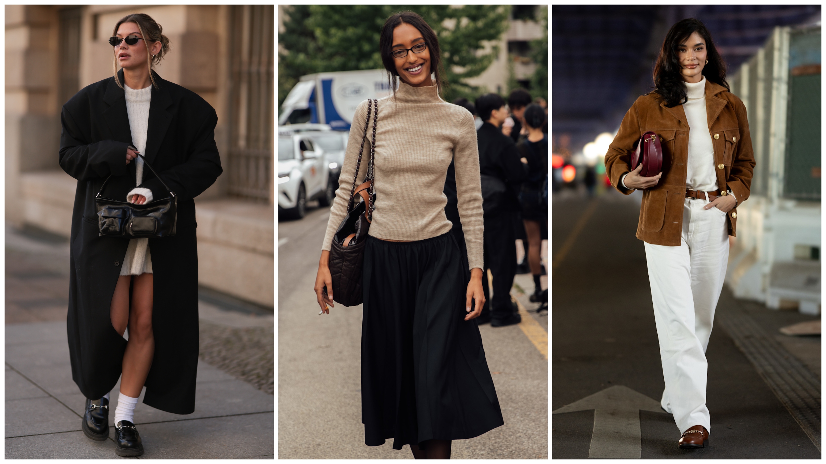collage of women wearing minimalist essentials including coats, sweater dresses, turtlenecks, skirts, suede jackets, sweaters, and jeans 