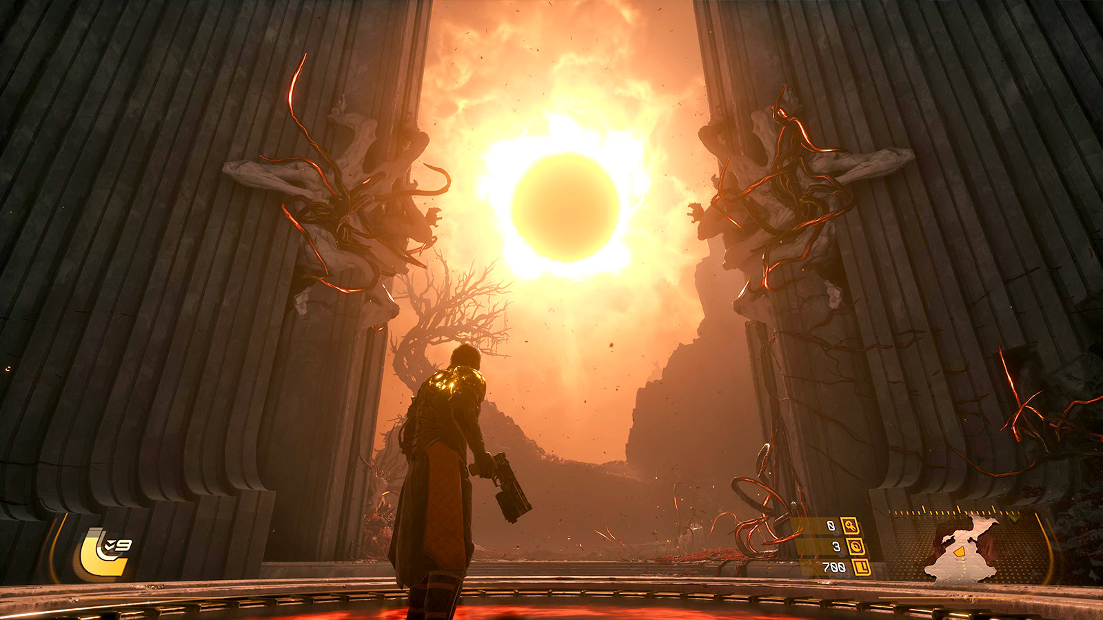 Saros review; a man walks towards a large sun in the sky