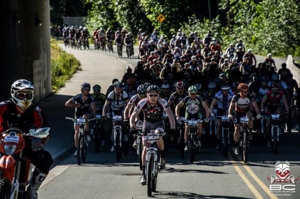 Greg Day (Rocky Mountain Factory Team 1) rides the pointy end of the leadout.