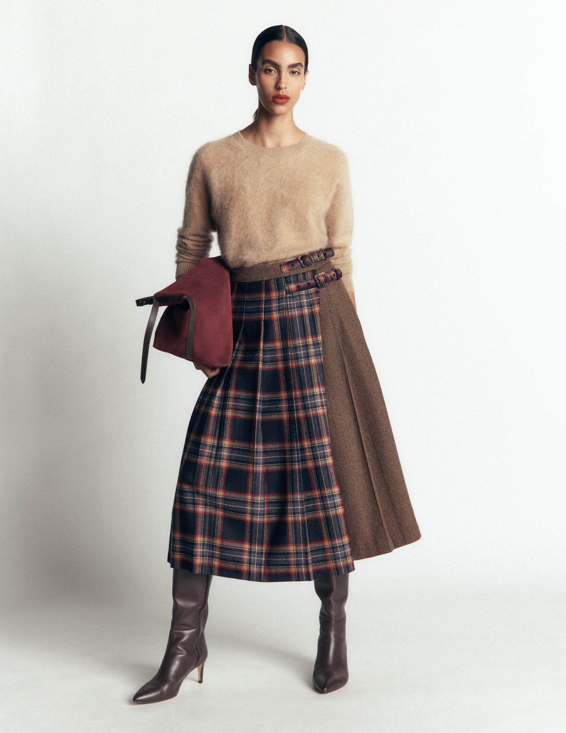 Pleated Midi Kilt-Navy and Camel Check