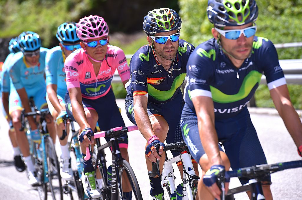 Alejandro Valverde (Movistar) with teammate and maglia rosa Andrey Rosa on his wheel before the fireworks