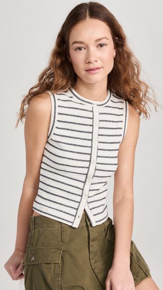 Split-Crewneck Cardigan Tank in Stripe