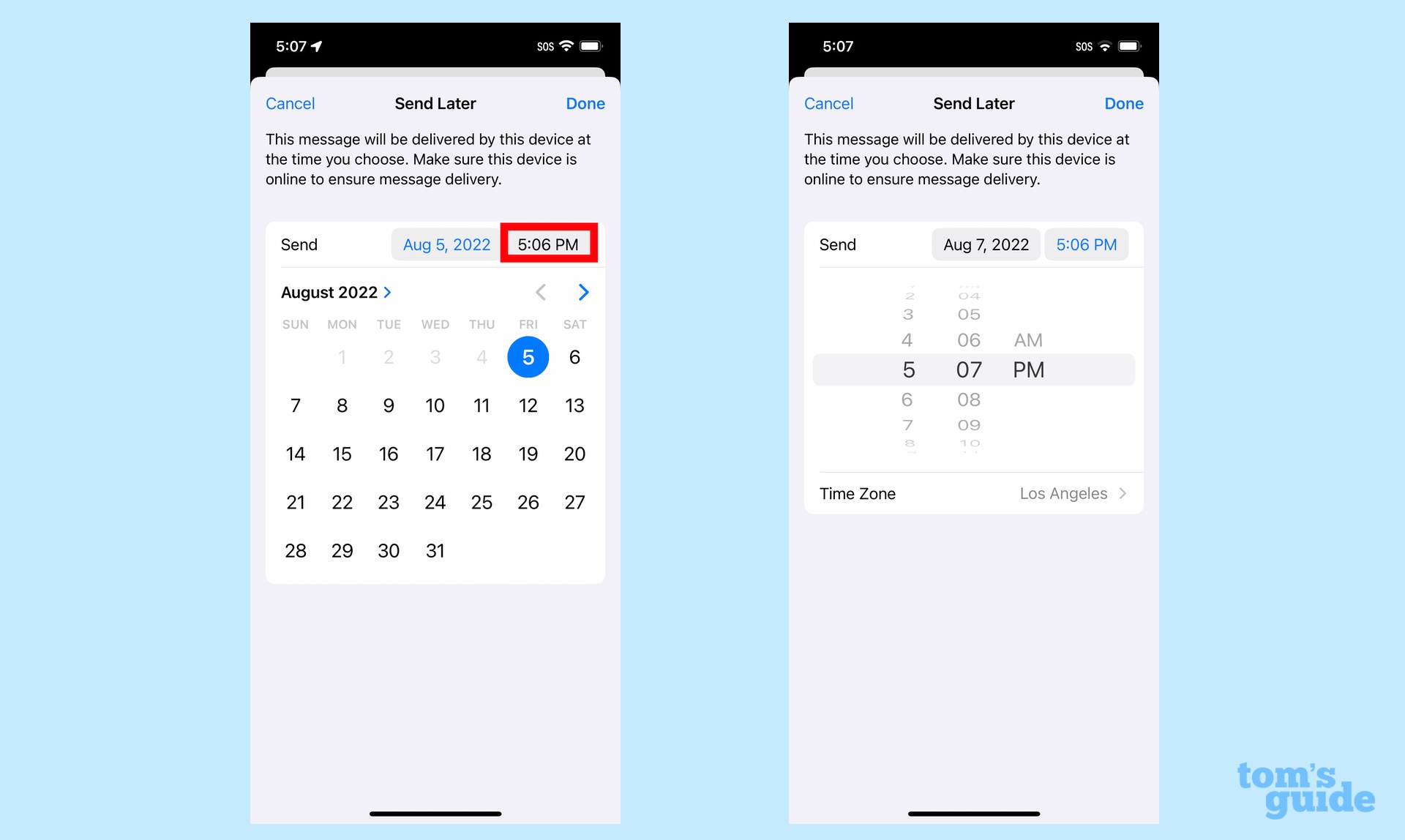 Почта iOS 16, устанавливающая время для запланированной электронной почты