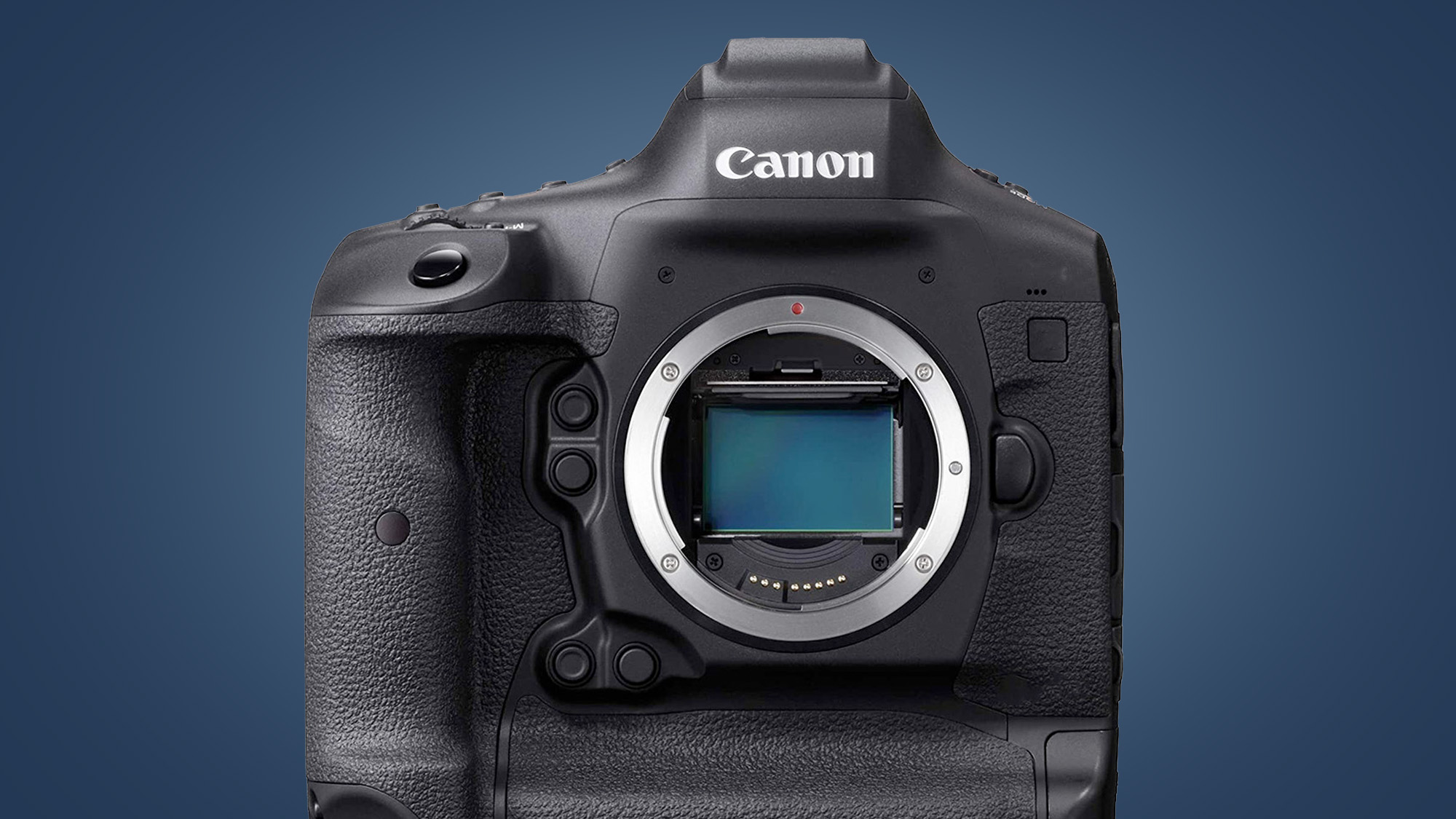 The Canon EOS 1D X Mark III DSLR on a blue background