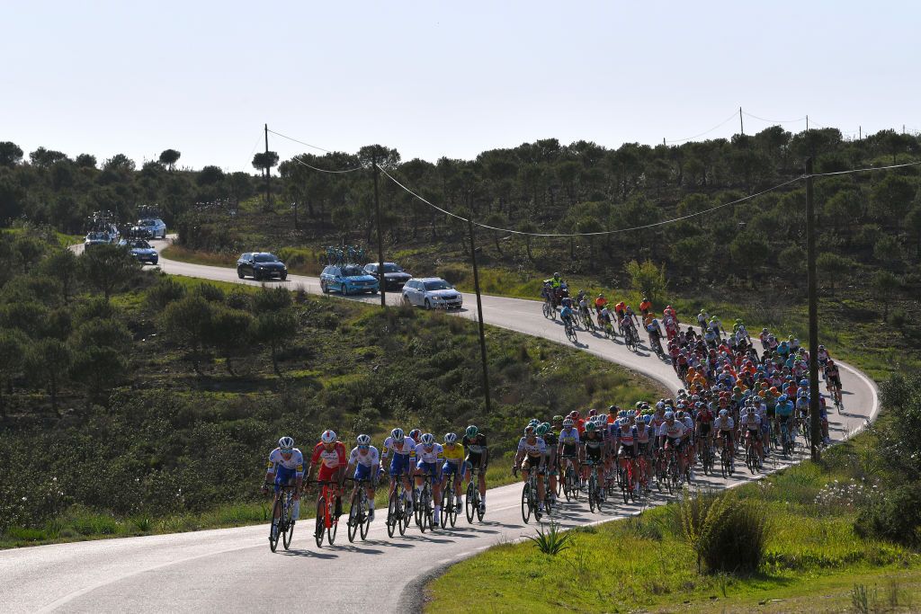TAVIRA PORTUGAL FEBRUARY 21 Luis ngel Mat of Spain and Team Cofidis Solutions Crdits Iljo Keisse of Belgium and Team Deceuninck Quick Step Joo Almeida of Portugal and Team Deceuninck Quick Step White Best Young Rider Jersey Remco Evenepoel of Belgium and Team Deceuninck Quick Step Yellow Leader Jersey during the 46th Volta ao Algarve 2020 Stage 3 a 2019Km stage from Faro to Tavira VAlgarve2020 on February 21 2020 in Tavira Portugal Photo by Tim de WaeleGetty Images