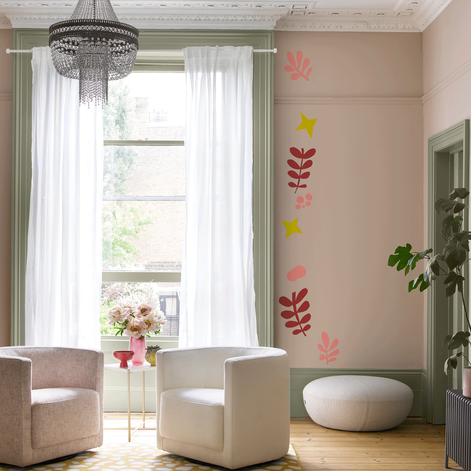 white living room with green trim