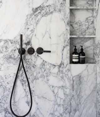 marble shower at Boffi apartment in Los Angeles
