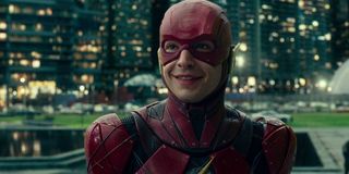 Justice League Ezra Miller's Flash smiling in costume