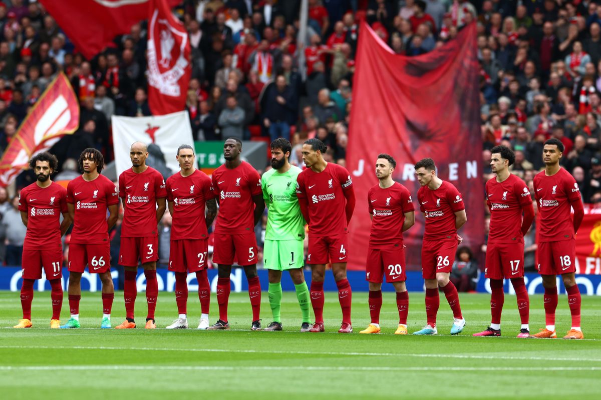 Liverpool players at Anfield ahead of their Premier League game against Brentford in May 2023.