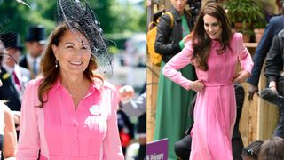 A photo of Carole Middleton wearing a long-sleeved pink dress and a big black hat and smiling outside on a sunny day next to a picture of Kate Middleton wearing the same pink dress and tugging on the belt while standing outside in front of three other people