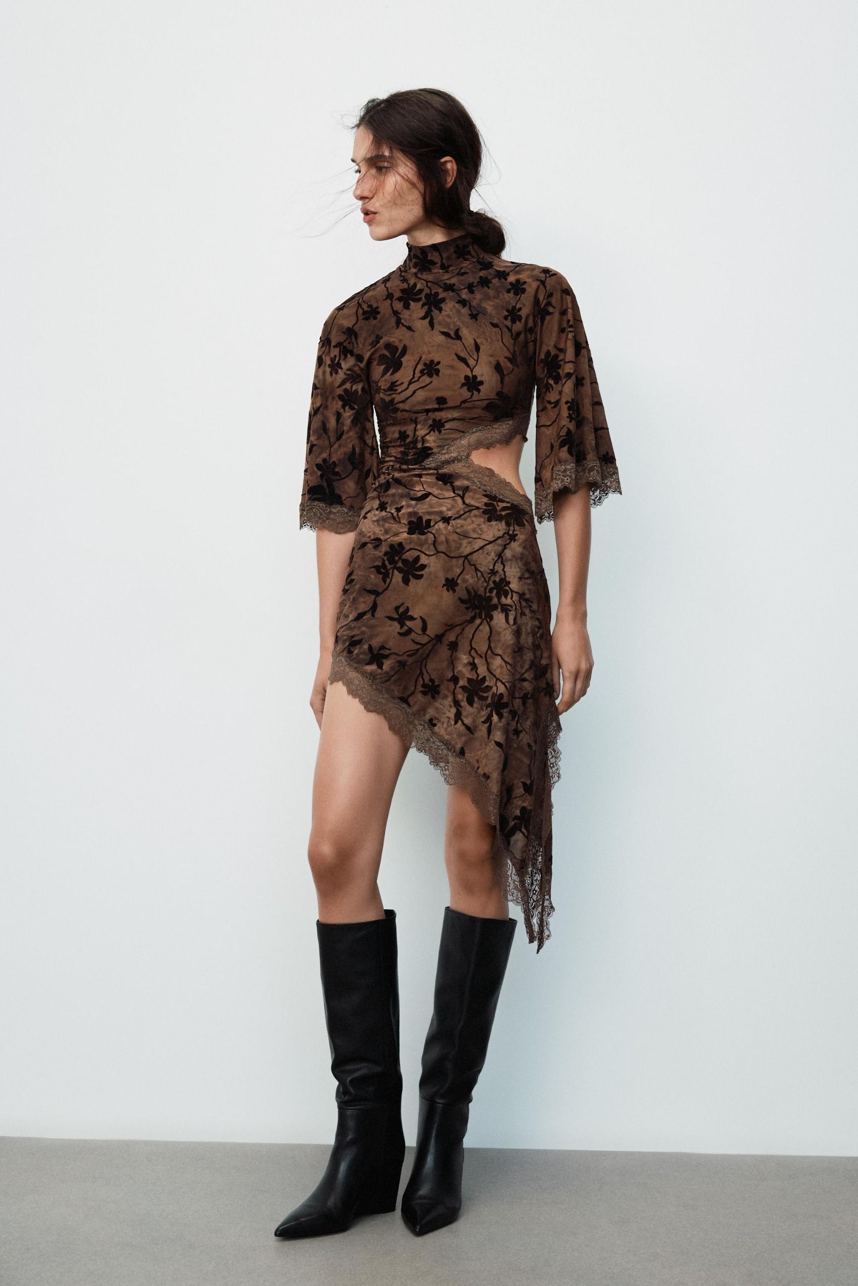 Flocked Mini Dress With Opening - Dark Brown - S