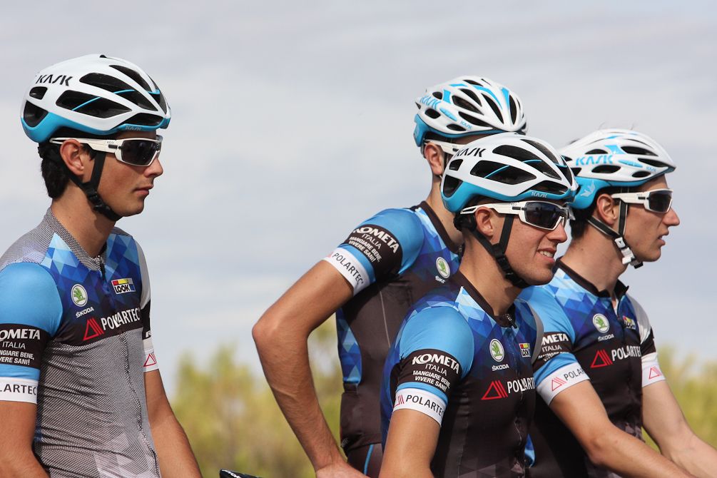 Polartec-Kometa riders in the 2018 team kit on the first day of the training camp.