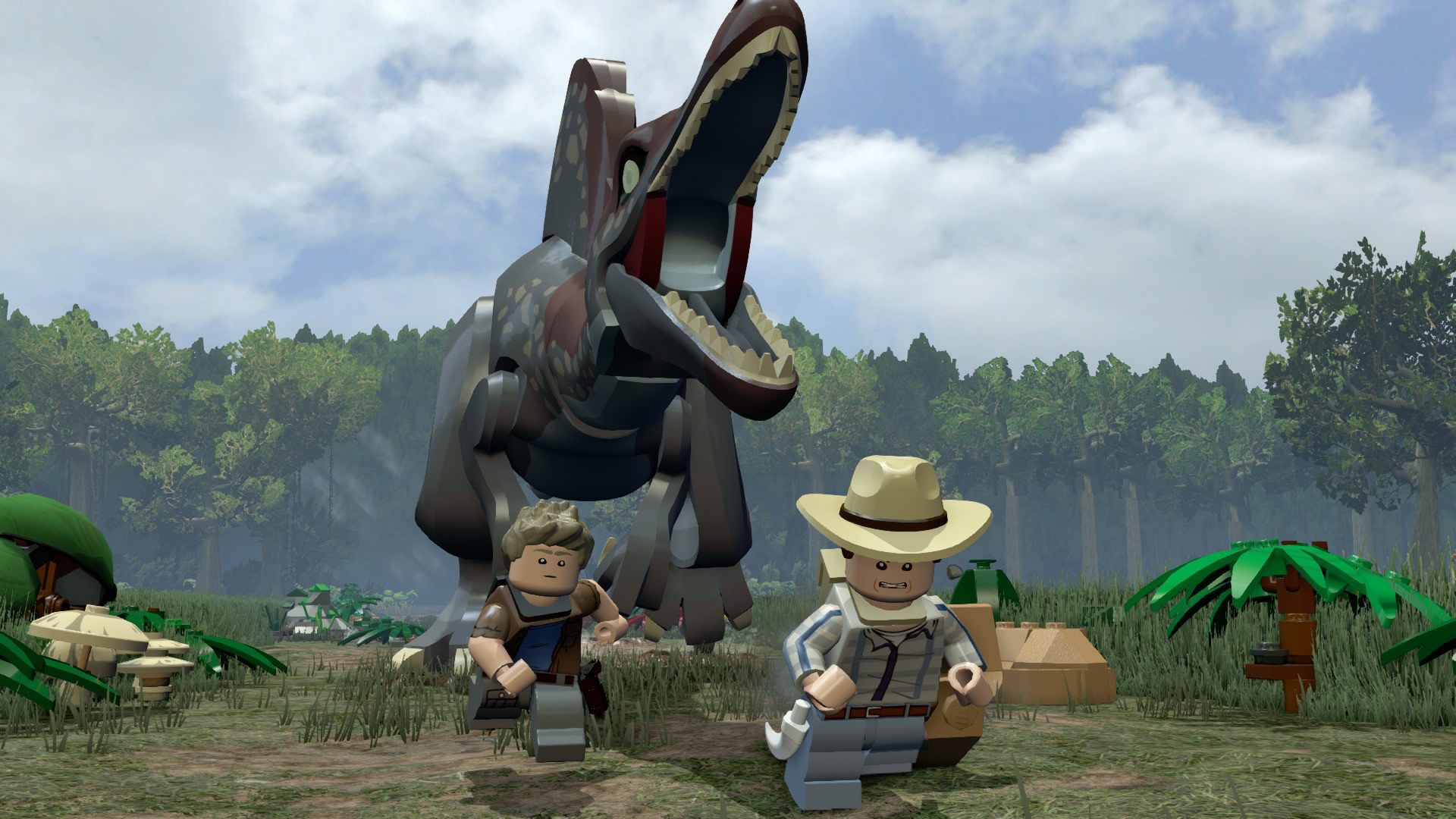 best lego games: a giant lego dinosaur is chasing two characters