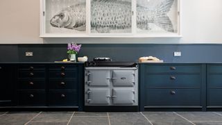grey four oven AGA in dark blue shaker kitchen