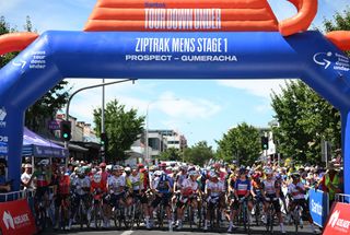 PROSPECT AUSTRALIA JANUARY 21 A general view of the peloton prior to the 25th Santos Tour Down Under 2025 Stage 1 a 1507km stage from Prospect to Gumeracha 342m UCIWT on January 21 2025 in Prospect Australia Photo by Dario BelingheriGetty Images