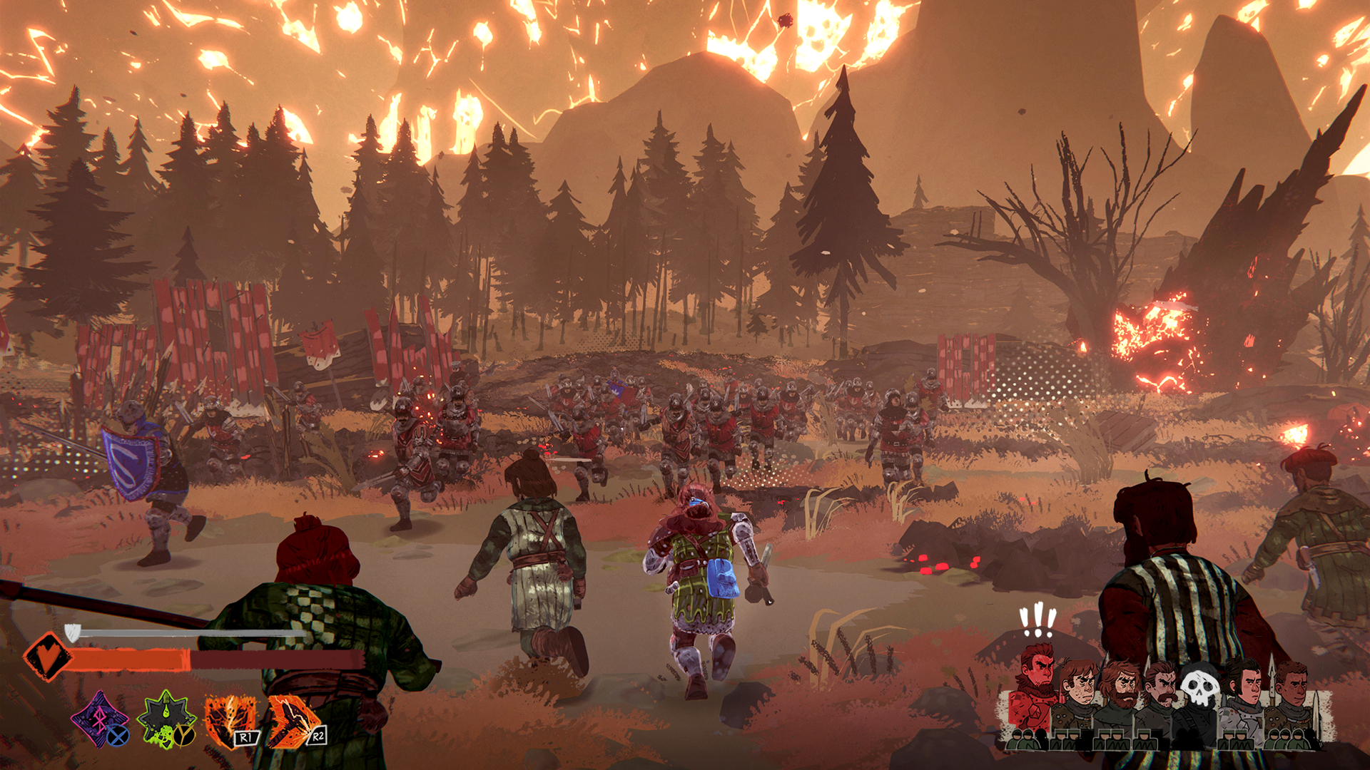 Tears of Metal - Player units running into battle against a large group of enemies, the battlefield is full of characters fighting and looks very much like a Dynasty Warriors game.