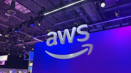 AWS logo pictured at the vendor expo at the 2025 AWS re:Invent conference at the Venetian Hotel and Casino in Las Vegas, Nevada.