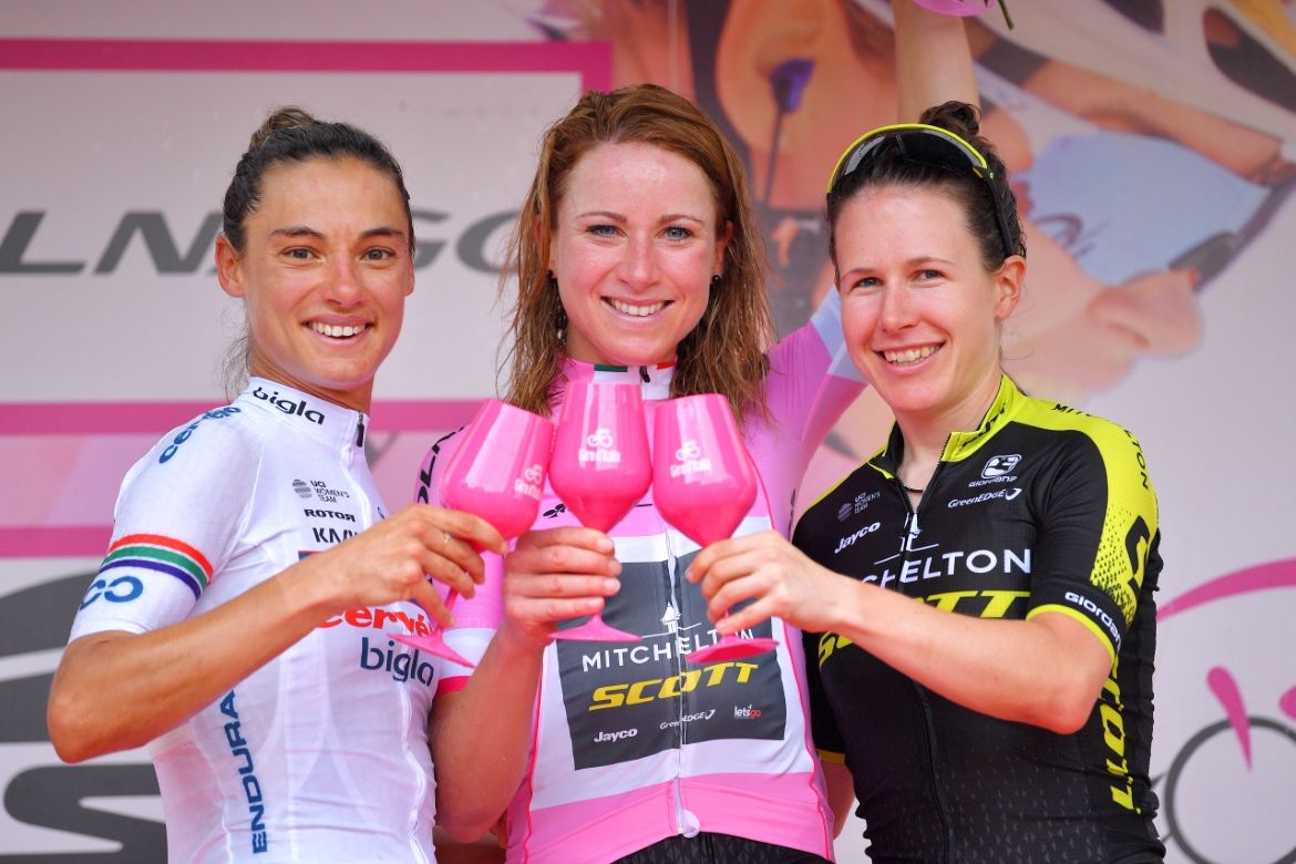 Ashleigh Moolman-Pasio, Annemiek van Vleuten and Amanda Spratt on the podium