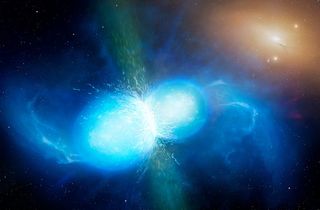 An illustration of two colliding neutron stars, a tremendously powerful event that could spell doom for life on Earth.