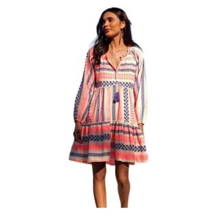 Multicoloured pink and blue striped dress with v-neck and tassels