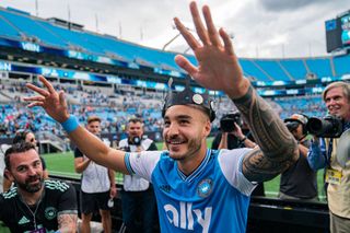 Andre Shinyashiki #16 of Charlotte FC celebrates while wearing the crown after defeating Inter Miami during their game at Bank of America Stadium on May 07, 2022 in Charlotte, North Carolina.