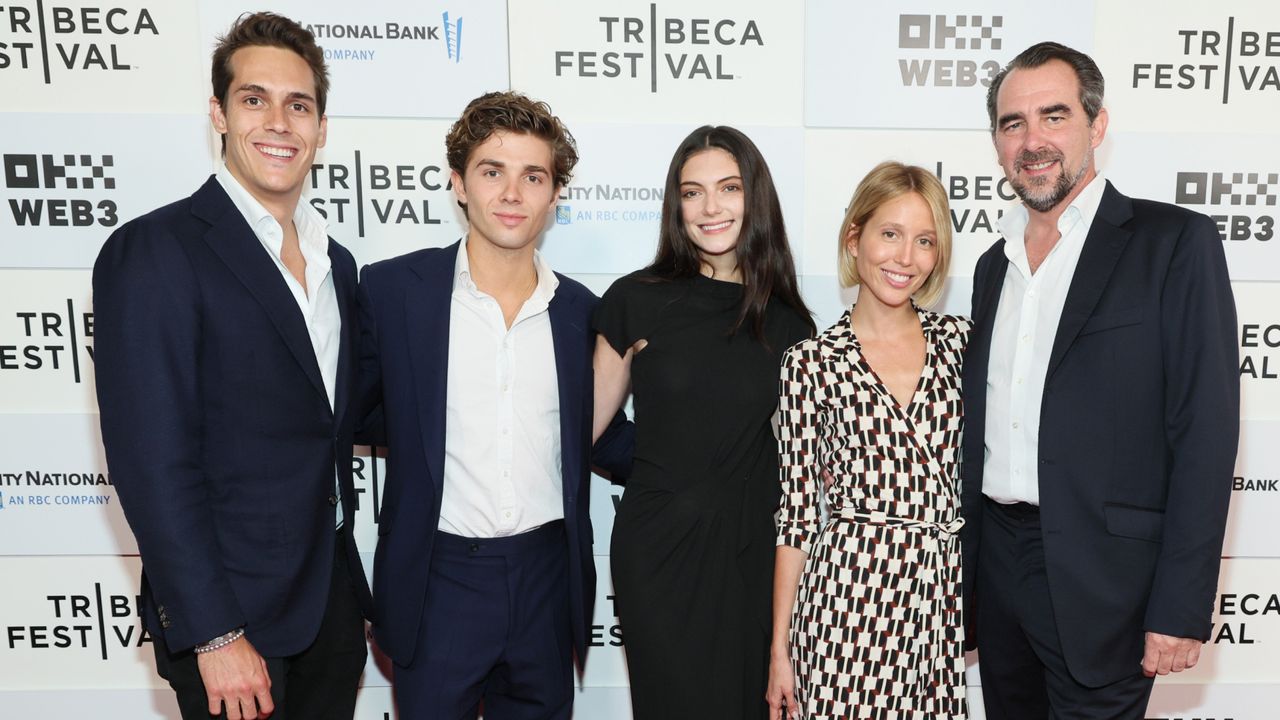 Prince Achileas-Andreas of Greece and Denmark, Princess Maria-Olympia, Prince Nikolaos of Greece and Denmark posing on the red carpet at Tribeca Film Festival