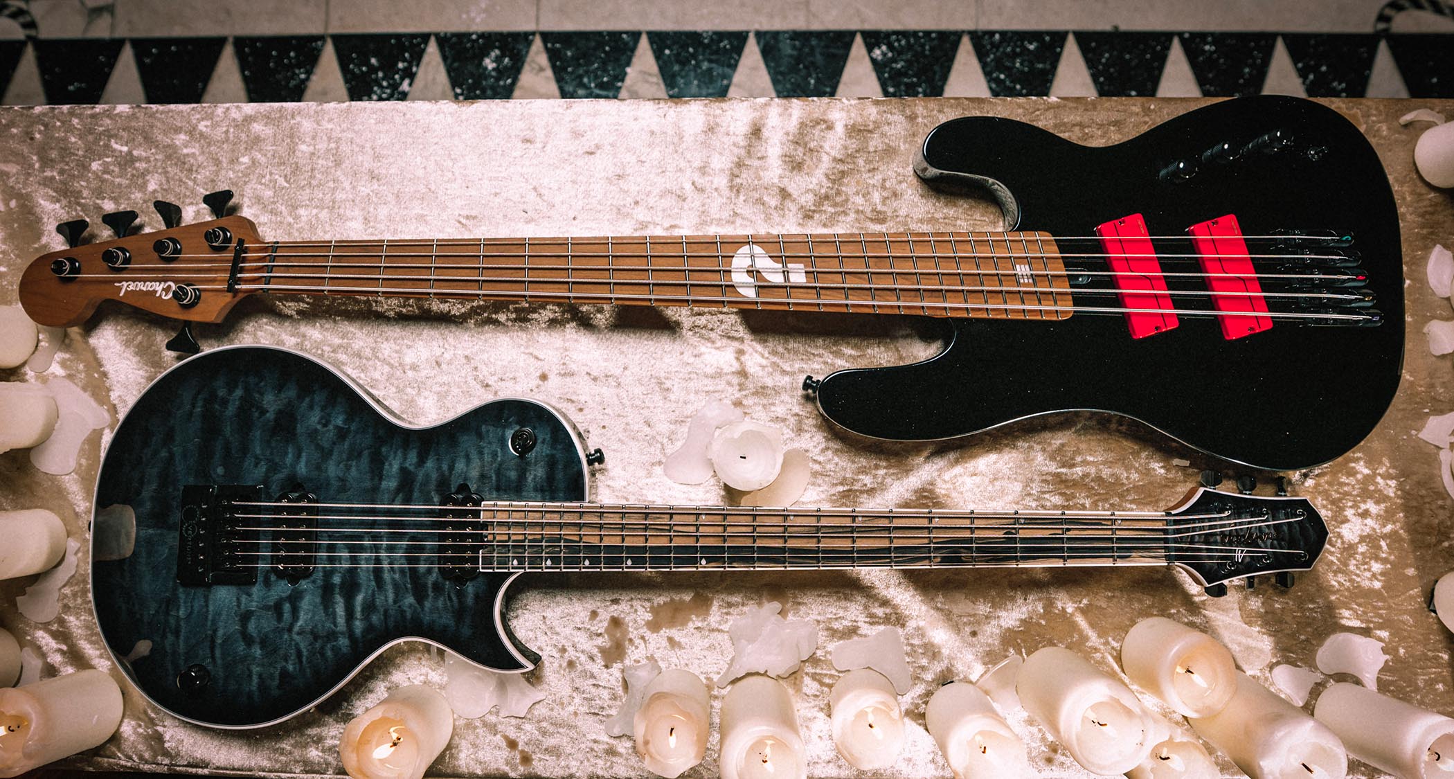 Jackson and Charvel Sleep Token Signature Models: the Jackson Monarkh and Charvel Pro-Mod San Dimas Bass V are designed for low-end metal riffing.