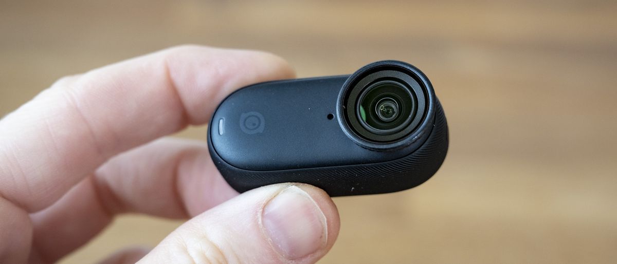 Tiny Insta360 Go 3S camera only in the hand