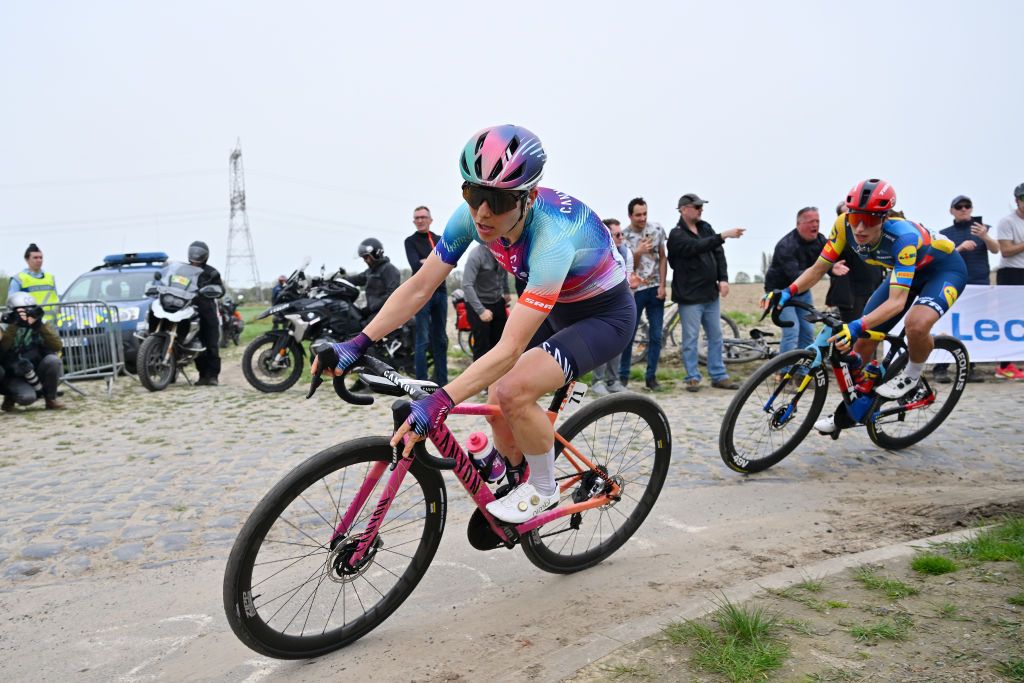 ROUBAIX FRANCE APRIL 06 LR Elise Chabbey of Switzerland and Team CanyonSRAM Racing and Elisa Balsamo of Italy and Team Lidl Trek compete passing through the SaintPython cobblestones sector during the 4th ParisRoubaix Femmes 2024 a 1485km one day race from Denain to Roubaix on UCIWWT April 06 2024 in Roubaix France Photo by Luc ClaessenGetty Images