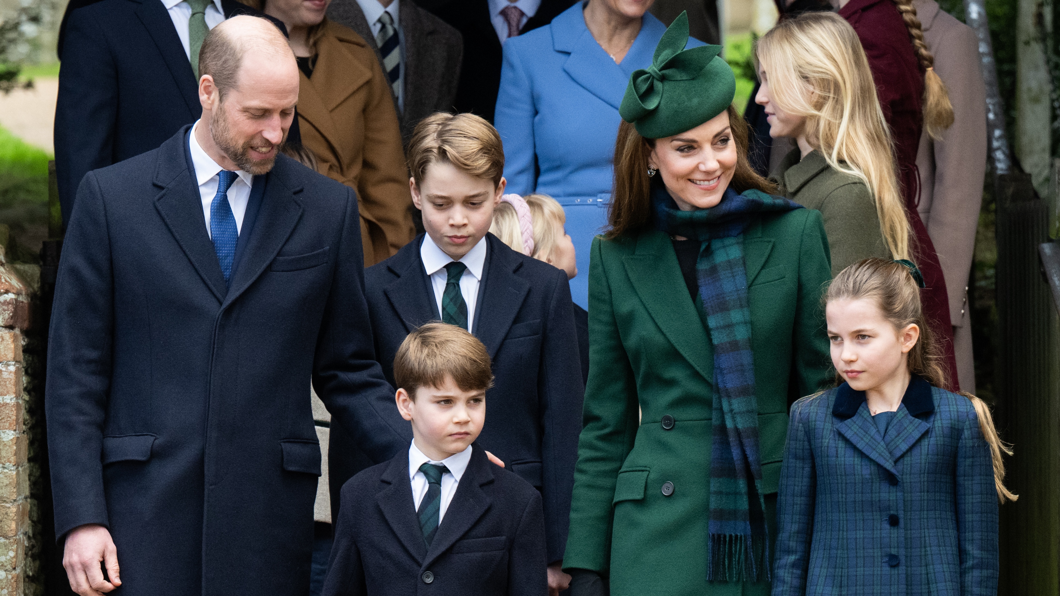 Prince William, Prince Louis of Wales, Prince George of Wales, Catherine, Princess of Wales and Princess Charlotte of Wales attend the Christmas Morning Service in 2024