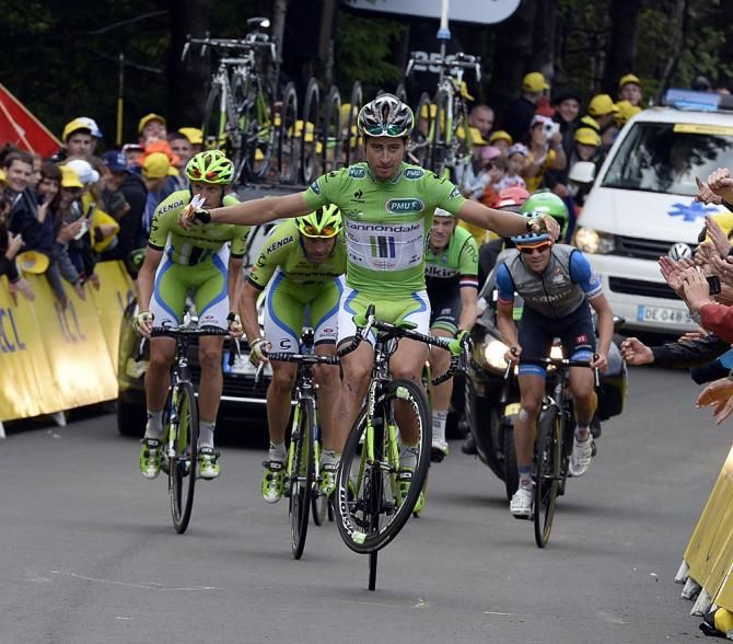 Peter Sagan (Cannondale) having a bit of fun at the stage 10 finish line