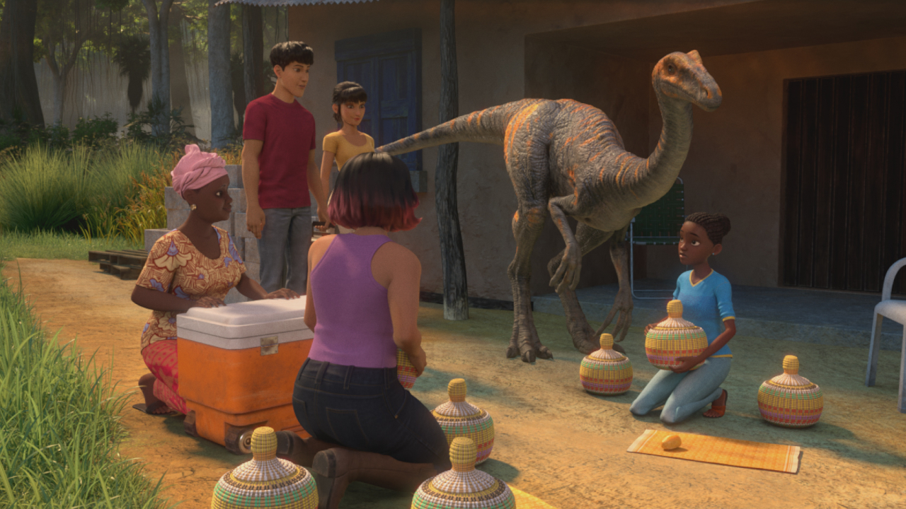 Kenji, Aminata, Sammy, Yaz ve Zayna, Jurassic World: Chaos Theory Season 2'de Gallimimus Geba'nın etrafında oturup sohbet ediyor.