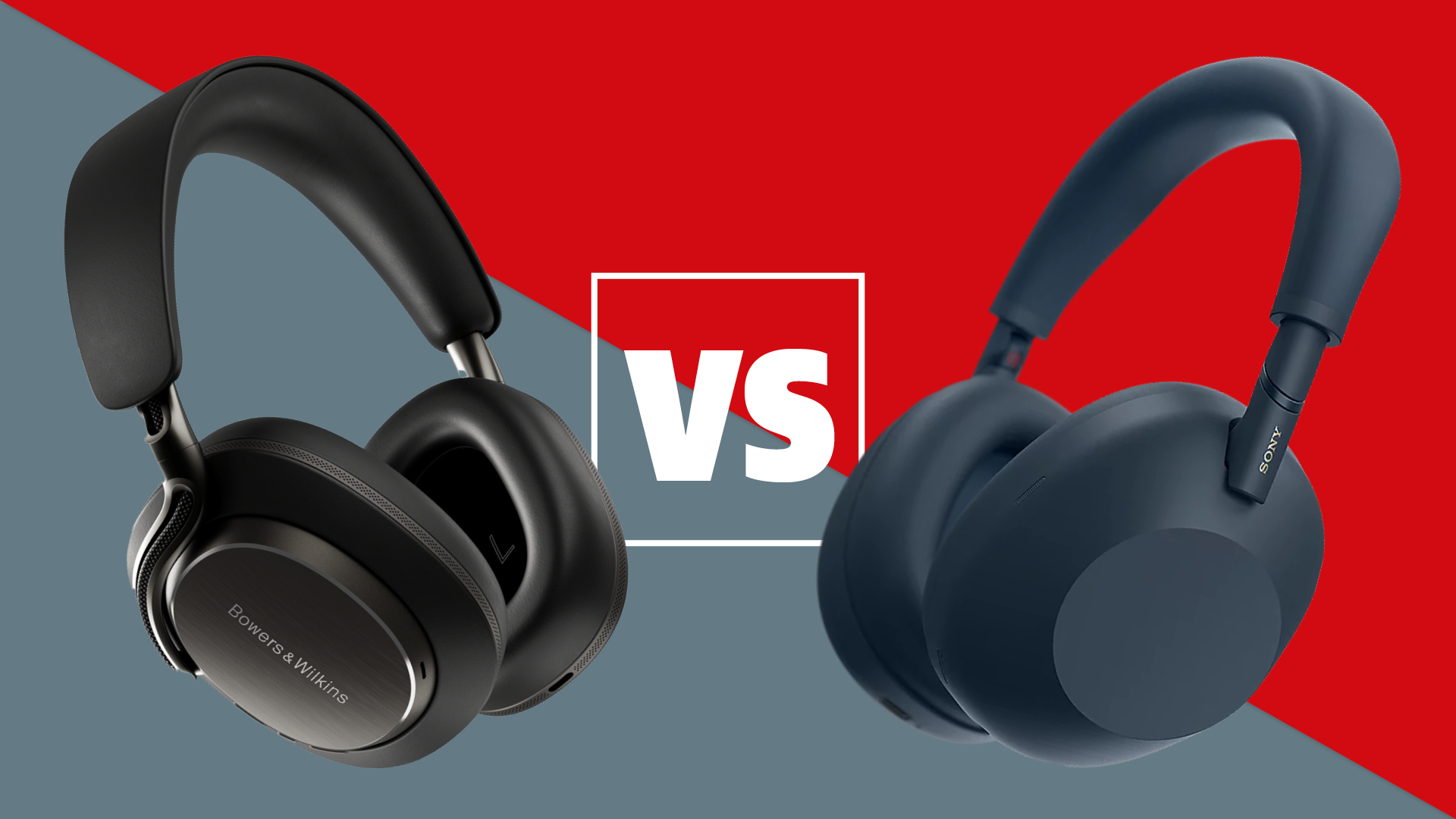 Black Bowers &amp;amp; Wilkins Px8 S2 and navy blue Sony WH-1000XM6 over-ear headphones on a red and grey background with a white versus sign between them.