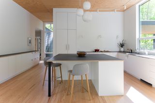 The kitchen uses simple off-the-shelf cabinets