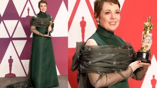 composite of olivia colman at the oscars in a green prada dress and holding her Oscar