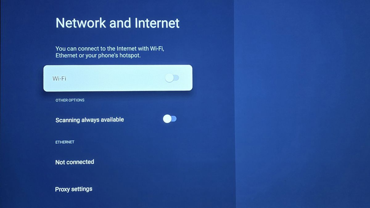 Sony smart TV menu showing the option to turn off Wi-Fi