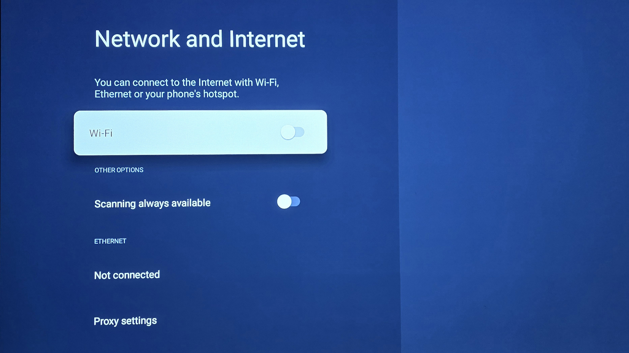 Sony smart TV menu showing the option to turn off Wi-Fi