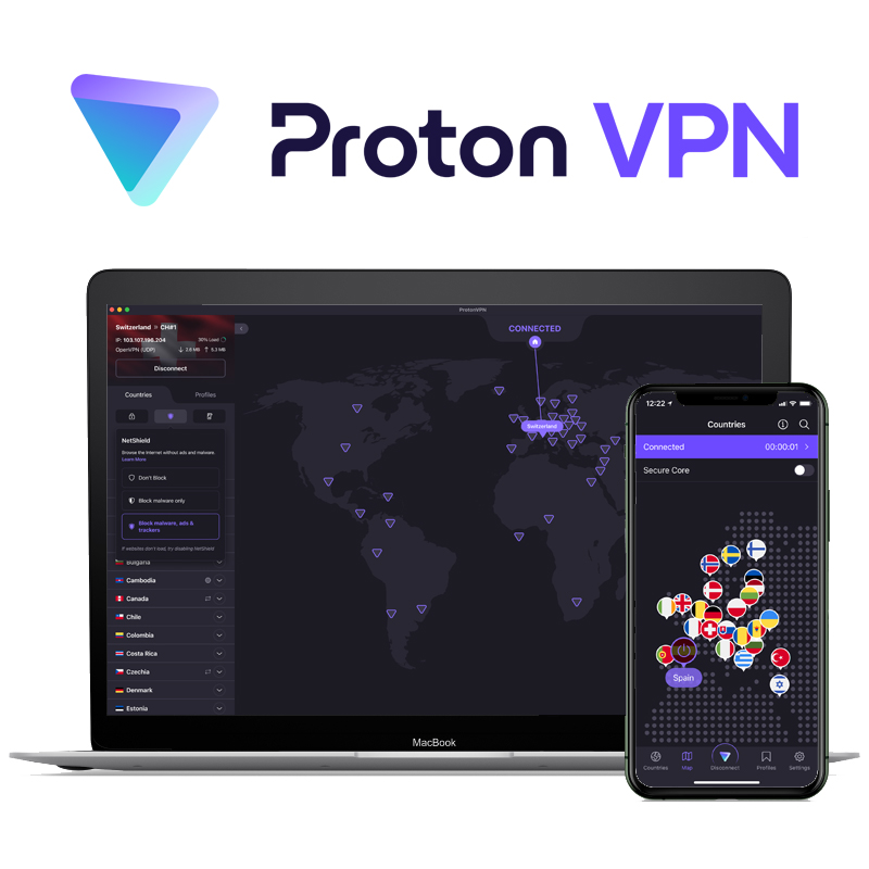 Proton VPN running on a smartphone and a laptop computer
