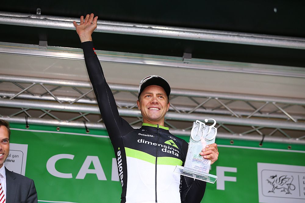 Edvald Boasson Hagen on the Tour of Britain podium after winning the final stage