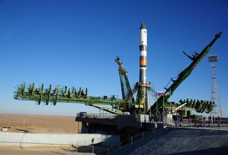 A Russian Soyuz rocket carrying the Progress 68 cargo ship stands atop its launch pad at Baikonur Cosmodrome in Kazakhstan ahead of a scheduled Oct. 12, 2017 launch. The spacecraft will make a 3.5-hour flight to the International Space Station.